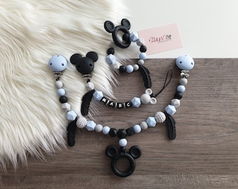 Micky Maus Set aus Schnullerkette, kinderwagenkette und Greifling mit Wunschnamen schwarz blau