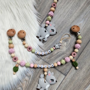 Schnullerkette personalisierbar mit Wunschnamen , Silikon, Mädchen, Bambi, Rosa