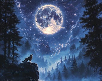 Wolf and Full Moon Diamond Painting Kit, Full Square and Round Drill, Diamond Mosaic, Paint With Diamonds, Mystical Night Diamond Art Kit