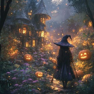Witch in Halloween Village DIY Diamond Painting Kit, Full Square and Round Drill, Diamond Mosaic, Paint With Diamonds, Spooky Diamond Kit