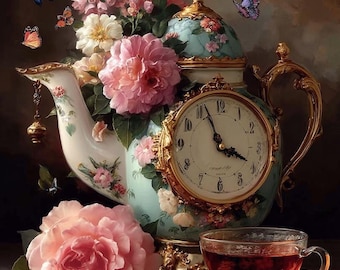 Teapot Clock And Flowers DIY Diamond Painting Kit, Full Square and Round Drill Diamond Mosaic, Paint With Diamonds, Pink Flowers Diamond Kit