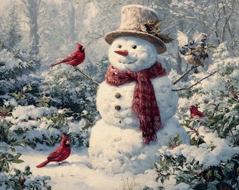 A Snowman and Bird Diamond Painting Kit, Full Square and Round Drill, Diamond Mosaic, Paint With Diamonds, Diamond Art, Christmas Diamond