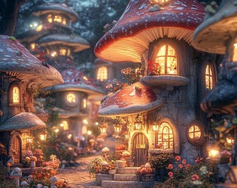 May include: A whimsical illustration of mushroom-shaped houses with red and white caps, nestled in a forest. The houses have glowing windows and are illuminated by lanterns, creating a magical, fairytale atmosphere. A cobblestone path leads through the village, with flowers and plants adding color.