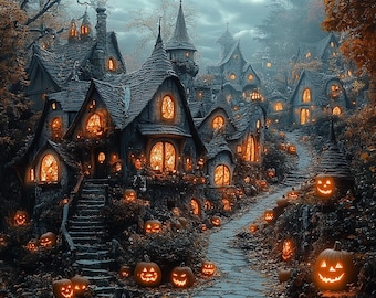 Spooky Village DIY Diamond Painting Kit, Full Square and Round Drill, Diamond Mosaic, Paint With Diamonds, Halloween Pumpkin Diamond Art Kit