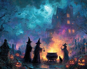 May include: A digital painting depicts a spooky Halloween scene. Three figures in witch hats stand near a cauldron, with a black cat nearby. A haunted house and graveyard are in the background, with jack-o'-lanterns and a stormy sky.