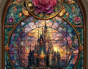 May include: A stained glass window depicting a fairytale castle with a pink rose at the top. The castle is surrounded by a blue sky and water. The window is framed in gold.