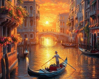 May include: A picturesque painting of Venice at sunset. A gondola with a striped-shirted gondolier glides through the canal. Buildings line the waterway, and a bridge is visible in the distance. The sky is filled with warm orange and yellow hues.