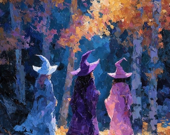 May include: An impressionistic painting depicts three figures in witch costumes walking through a colorful forest. The figures wear pointed hats and flowing robes in shades of blue, purple, and pink. The background features trees with vibrant autumn foliage.