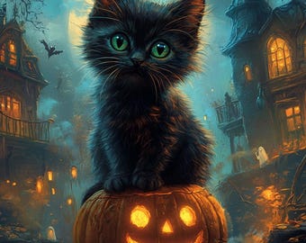 Halloween Cat DIY Diamond Painting Kit, Full Square and Round Drill, Diamond Mosaic, Paint With Diamonds, Spooky Pumpkin Diamond Art Kit