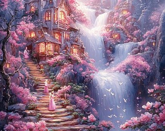 May include: A whimsical painting of a fairytale cottage nestled in a mountainside with a cascading waterfall. The cottage is surrounded by pink cherry blossoms and a stone staircase leads up to the front door. The scene is bathed in a soft, ethereal light.