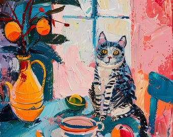 May include: A painting of a still life with a cat, a vase of oranges, a plate of stacked saucers, a knife, and a red apple on a blue table. The cat is sitting on the table and looking at the viewer. The background is a pink wall with a window.