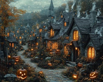 Pumpkin Village DIY Diamond Painting Kit, Full Square and Round Drill, Diamond Mosaic, Paint With Diamonds, Halloween Spooky Diamond Art Kit