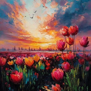 Tulip Field DIY Diamond Painting Kit, Full Square and Round Drill, Diamond Mosaic, Paint With Diamonds, Floral Diamond Art Kit, Wildflower