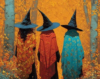 May include: An autumnal painting depicts three figures in black robes and pointed black hats, walking away from the viewer. Each figure wears a different colored shawl: orange, red, and teal. The background is a forest with orange and yellow foliage.