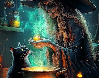May include: A witch in a blue pointed hat and a black robe holds a glowing orb in her hand. A black cat sits beside a cauldron with a bubbling orange liquid. The scene is set in a dimly lit room with shelves of jars and bottles.