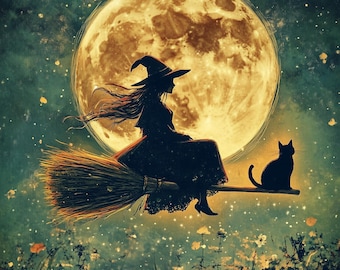 May include: A silhouette of a witch flying on a broomstick with a black cat beside her, against a backdrop of a full moon and a starry night sky.