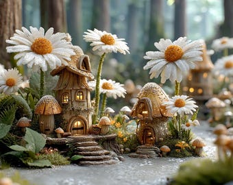 May include: A whimsical fairy garden scene featuring miniature mushroom houses and daisy flowers. The houses have arched doorways and windows, with steps leading up to the entrances. The daisies have white petals and yellow centers. The scene is set in a forest.