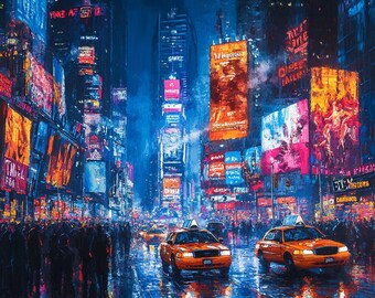May include: An artistic depiction of a bustling city street at night, illuminated by vibrant neon signs. Orange taxis drive on a wet road, reflecting the colorful lights. Silhouetted figures of people fill the sidewalks, creating a lively urban scene.