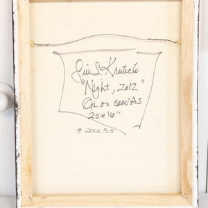 K&ouml;nnte beinhalten: Die R&uuml;ckseite eines gerahmten &Ouml;lgem&auml;lde auf Leinwand mit dem Titel "Night, 2012" von Jill S. Krutick. Das Gem&auml;lde misst 50,8 cm x 40,6 cm.