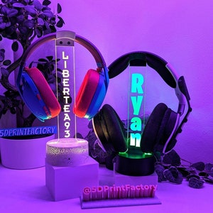 Soporte para auriculares grabado personalizado, letrero luminoso con gamertag personalizado, soporte para auriculares grabado, soporte para auriculares con transmisor, letrero LED de regalo para gamer