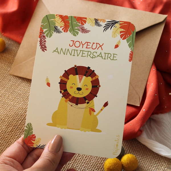 Carte joyeux anniversaire "Lion Plume" - Carte postale - Anniversaire enfant - Anniversaire savane - Anniversaire Jungle