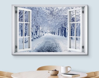 SIGNWIN Canvas Print Wall Art Window View Snowy Wonderland Forest Nature Photography Modern Art Winter Decor for Living Room