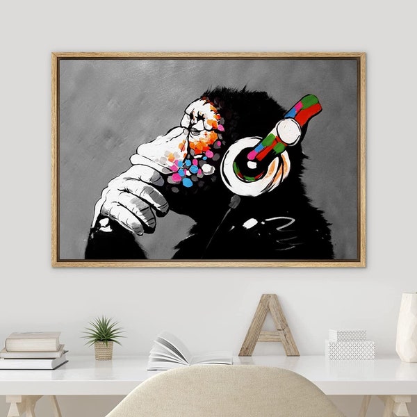 signwin Framed Canvas Wall Art Banksy Thinking Monkey with Headphones Graffiti & Street Art Print Famous People Pop Art Modern Art