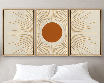 SIGNWIN 3 Piece Framed Canvas Wall Art Sun with Rays Prints Mid Century Modern Home Artwork Neutral Boho Decor for Bedroom