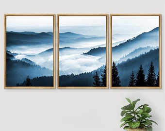 SIGNWIN 3 Piece Framed Canvas Wall Art Misty Blue Duotone Mountain Range Forest Nature Photography Print Modern Home Artwork for Living Room