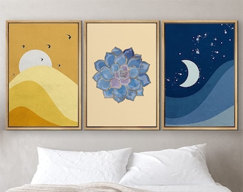 SIGNWIN 3 Piece Framed Canvas Wall Art Sun and Moon with Flower Prints Mid Century Modern Home Artwork Neutral Boho Decor for Living Room