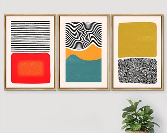 SIGNWIN 3 Piece Framed Canvas Wall Art Mid Century Color Blocks & Spirals Abstract Shapes Illustrations Print Modern Art Minimalist Decor