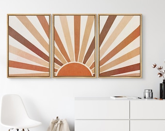 SIGNWIN 3 Piece Framed Canvas Wall Art Sun with Multicolor Rays Prints Mid Century Modern Home Artwork Neutral Boho Decor for Bedroom