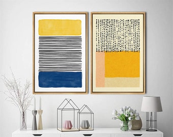 SIGNWIN 2 Piece Framed Canvas Wall Art Abstract Yellow, Blue & Orange Color Block Prints Minimalist Mid Century Modern Home Artwork