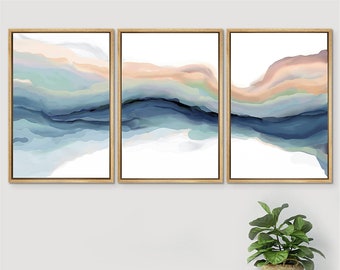 SIGNWIN Lot de 3 toiles murales encadrées - Aquarelle pastel - Bleu sarcelle - Marron - Paysage abstrait - Décoration moderne pour chambre à coucher