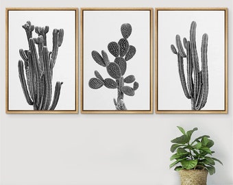 SIGNWIN 3 Piece Framed Canvas Print Wall Art Black & White Desert Cactus Photography Modern Art Western Decor for Living Room