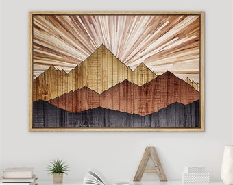 SIGNWIN Framed Canvas Wall Art Wood Panel Effect Sunlight and Mountain Range Top Print Modern Art Western Decor for Living Room