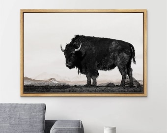 SIGNWIN Framed Canvas Print Wall Art Black White Buffalo Bison Desert Landscape Animals Modern Art Rustic Farmhouse Decor for Living Room