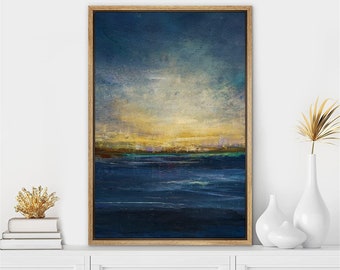 SIGNWIN Framed Canvas Wall Art Abstract Blue Ocean Sea Horizon Sunset Print Modern Art Contemporary Decor for Living Room