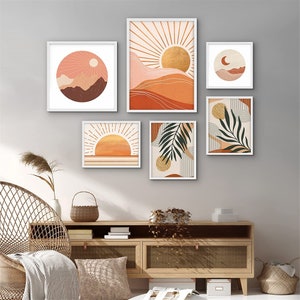 SIGNWIN 6 Piece Framed Wall Art Sun and Moon and Tropical Summer Landscape Print Gallery Set Mid Century Modern Art Boho Decor for Bedroom
