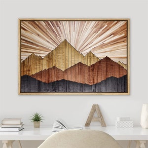SIGNWIN Framed Canvas Wall Art Wood Panel Effect Sunlight and Mountain Range Top Print Modern Art Western Decor for Living Room