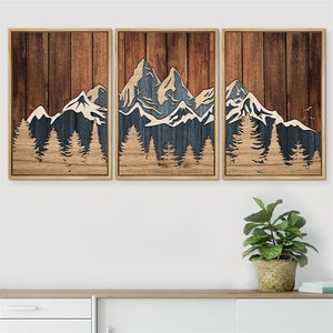 SIGNWIN Framed Canvas Wall Art Wood Panel Effect Mountain Range Top Print Modern Art Rustic Decor for Living Room