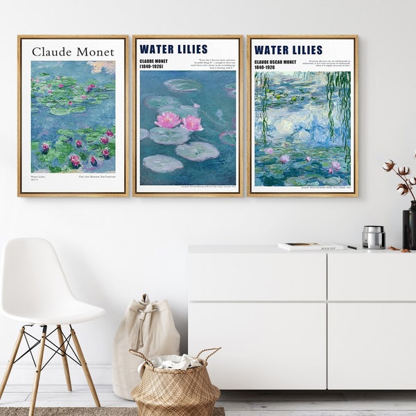 SIGNWIN 3 Piece Framed Canvas Wall Art Water Lilies by Claude Monet Prints Classic Fine Art Decor for Bedroom