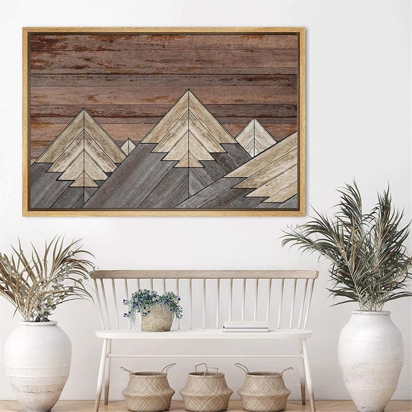 Rustic Mountain Top Canvas Wall Art, Framed Mountain Wall Art, Wood Style Mountain Print, Living Room Western Decor, Framed Mountain Art