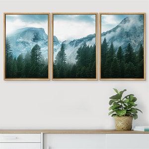 SIGNWIN 3 Piece Framed Canvas Wall Art Green Forest Mountain Photography Prints Modern Home Artwork Nature Decor for Living Room