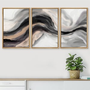 SIGNWIN 3 Piece Framed Canvas Wall Art Black Tan Pastel Watercolor Ink Smoke Wave Landscape Abstract Painting Print Modern Artwork Decor
