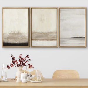 SIGNWIN 3 Piece Framed Canvas Print Wall Art Gray Tan Paint Stroke Abstract Landscape Modern Art Minimalist Boho Decor Natural