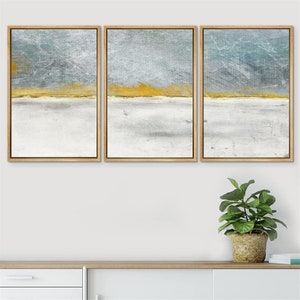 SIGNWIN 3 Piece Framed Canvas Wall Art Watercolor Gold Horizon Abstract Landscape Print Modern Art Minimalisist Decor for Living Room