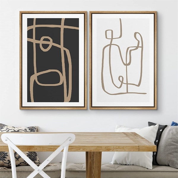 SIGNWIN 2 Piece Framed Canvas Wall Art Abstract Line Drawing Prints Neutral Minimalist Modern Art for Living Room