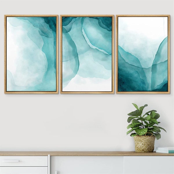SIGNWIN 3 Piece Framed Canvas Wall Art Vibrant Teal Pastel Painting Stroke Landscape Abstract Print Modern Artwork Decor for Bedroom