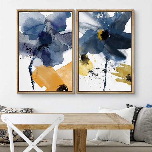 SIGNWIN 2 Piece Framed Wall Art Watercolor Abstract Splash Blue & Yellow Daisies Floral Botanical Illustrations Print Modern Art for Bedroom
